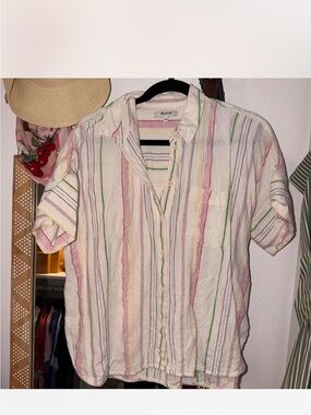Madewell Cream Short-Sleeve Button-Down Shirt with Pastel Stripes